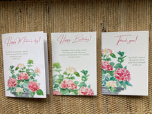 Load image into Gallery viewer, Hydrangea set of cards: Thank you, Happy Birthday and Mother’s Day cards