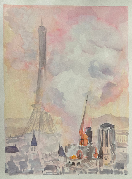 Sunset on the Eiffel Tower While Notre Dame Cathedral is Burning