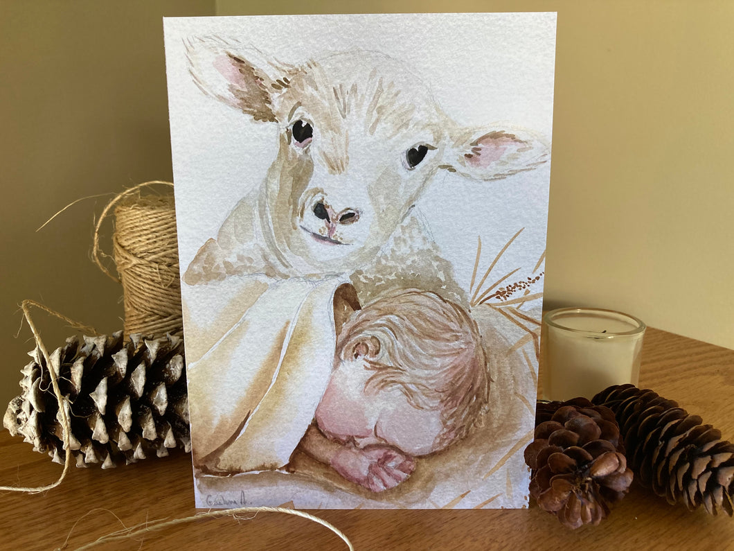 Christmas card… Baby Jesus and the lamb (individual, pack of 3, 5 or 10)